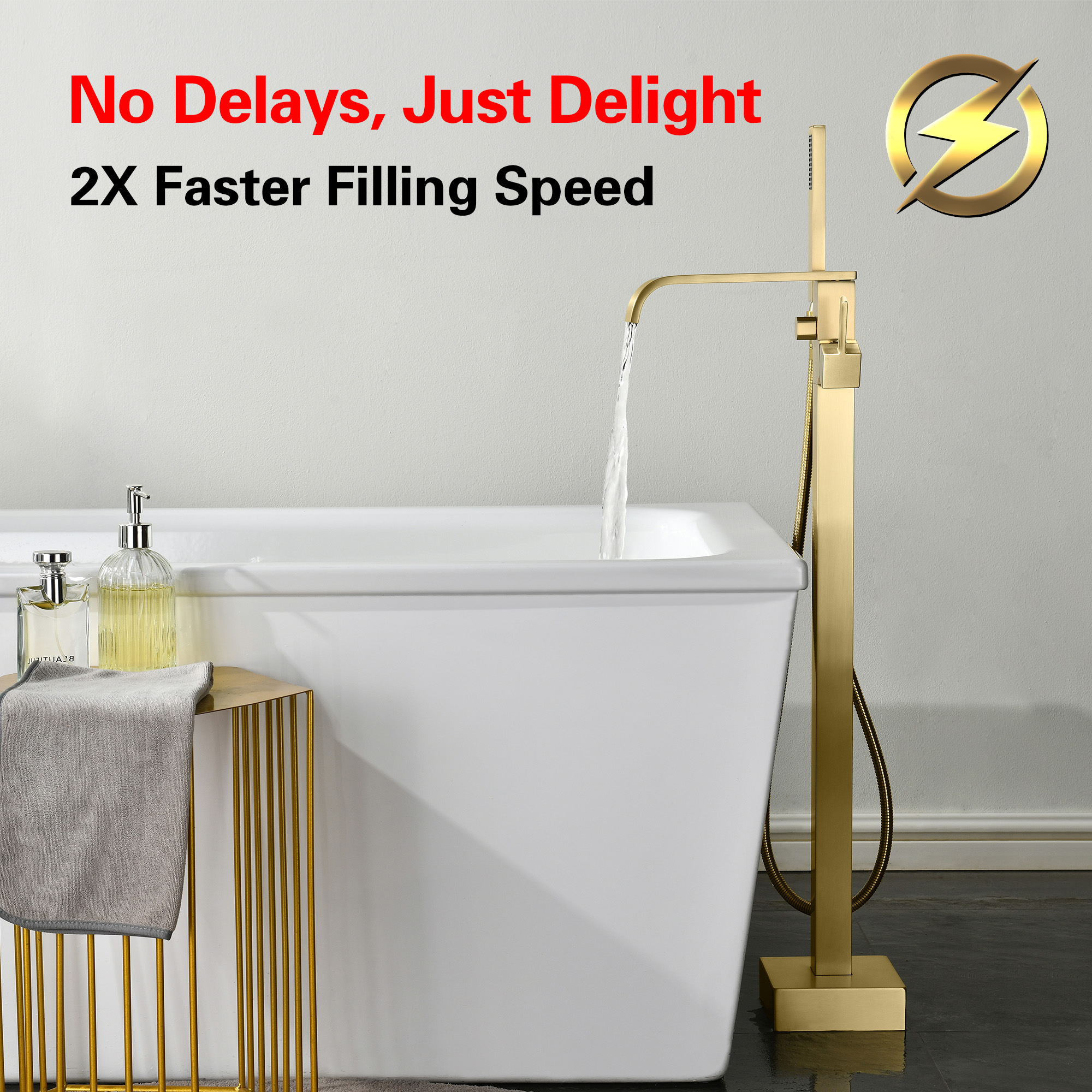 SUMERAIN Bathroom Freestanding Tub Filler Faucet, Brushed Gold Waterfall Floor Mount Bathtub Faucet with Hand Shower, High Flow