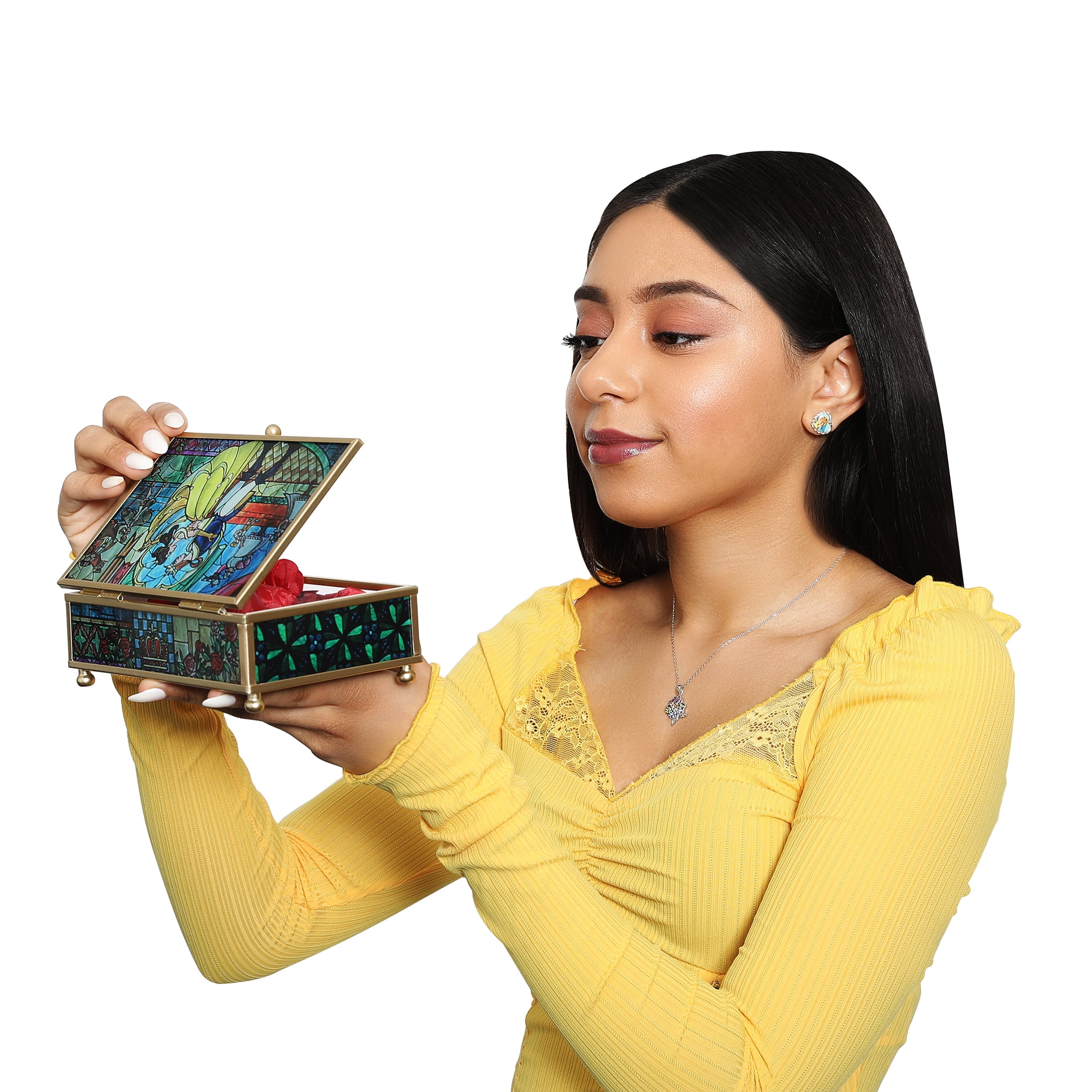 Disney Beauty and the Beast Jewelry Box- Glass Jewelry Case with Stained Glass Belle and the Prince Design Jewelry