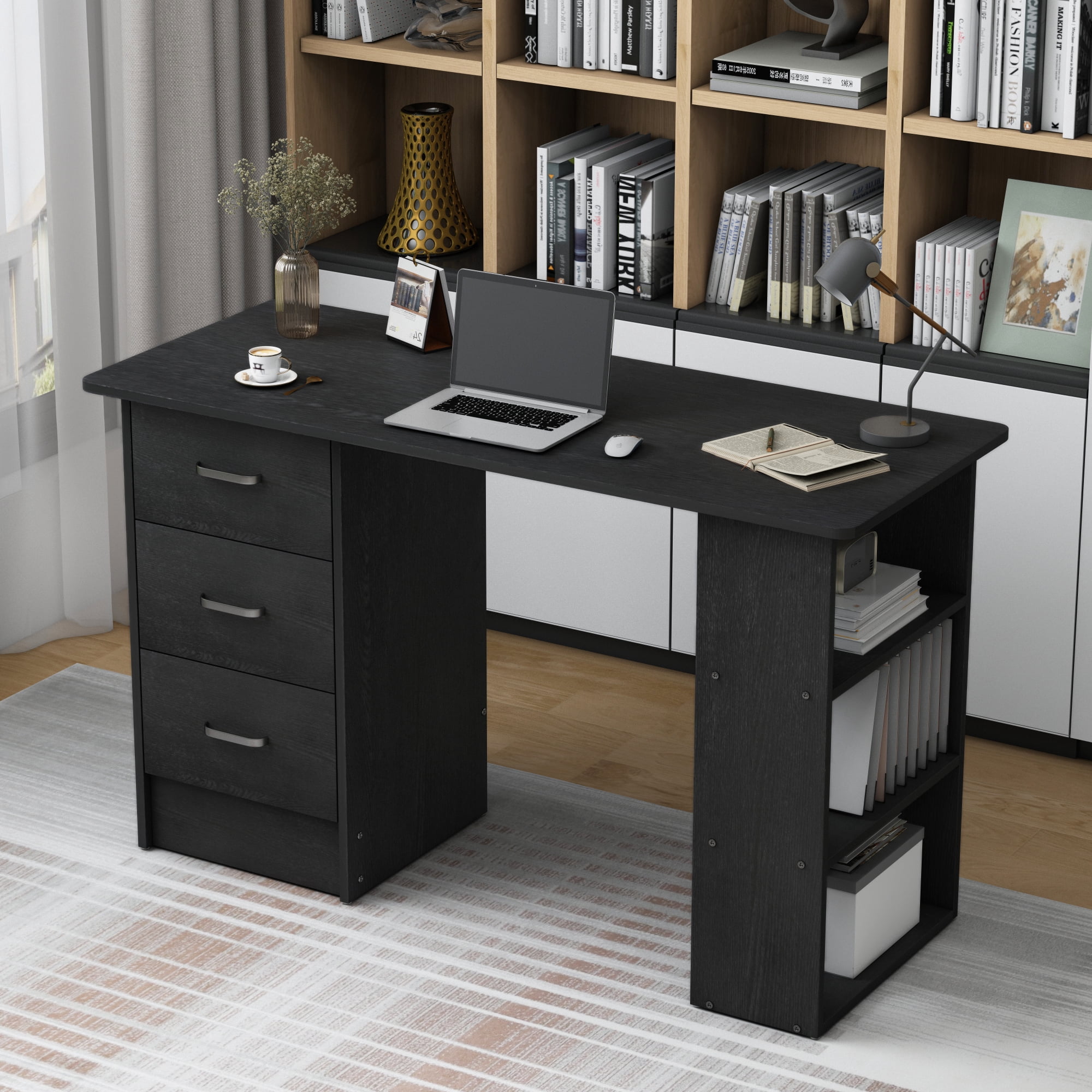 Chnnmbrn Computer Desk With Drawers,Standing Dressing Desk With Storage Racks,Writing Desk for Home Office , Bedroom,Black