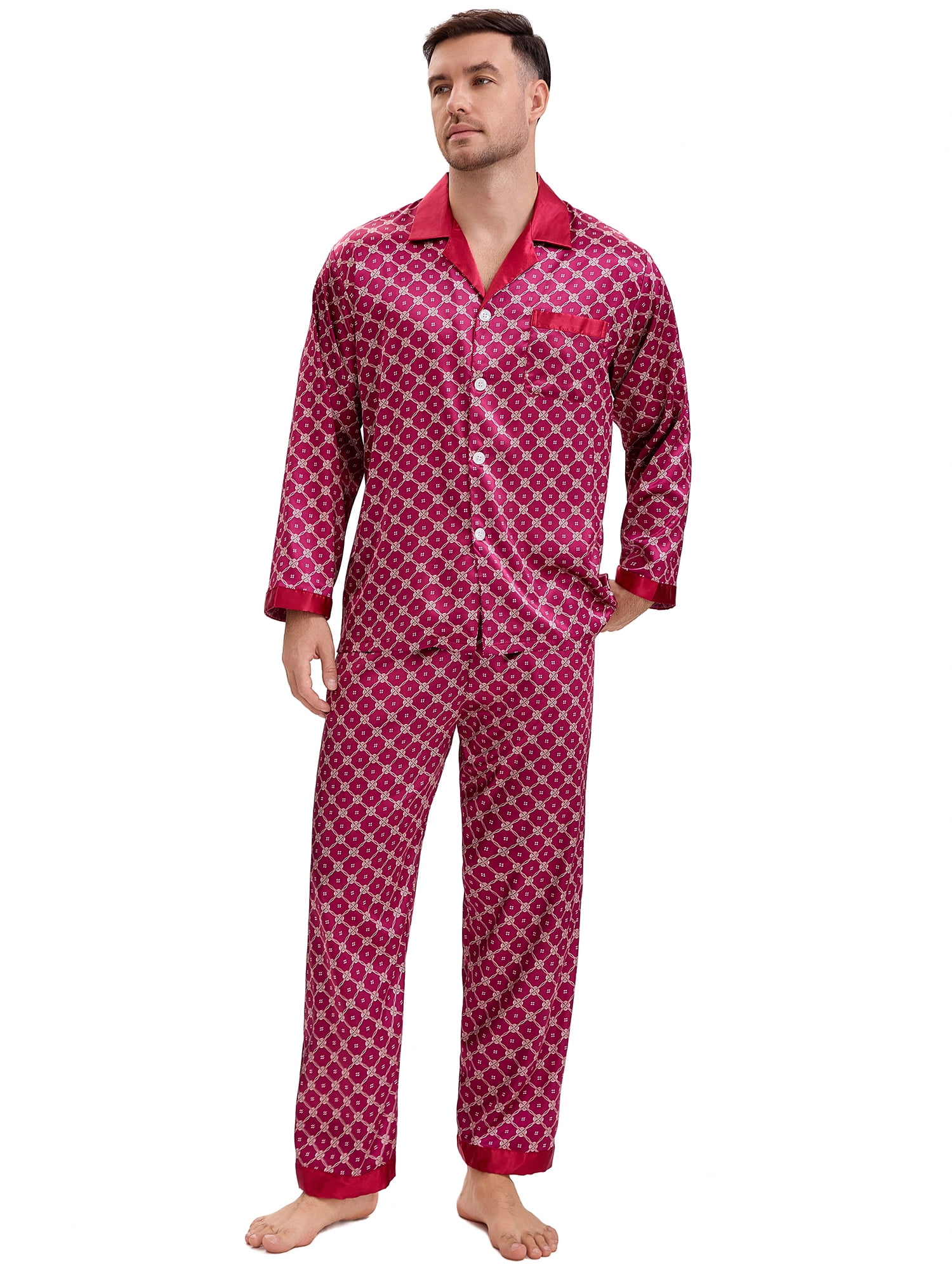DARING DIVA Men's 2-Piece Button Down Printing Sleepshirt Pajamas Set L Red