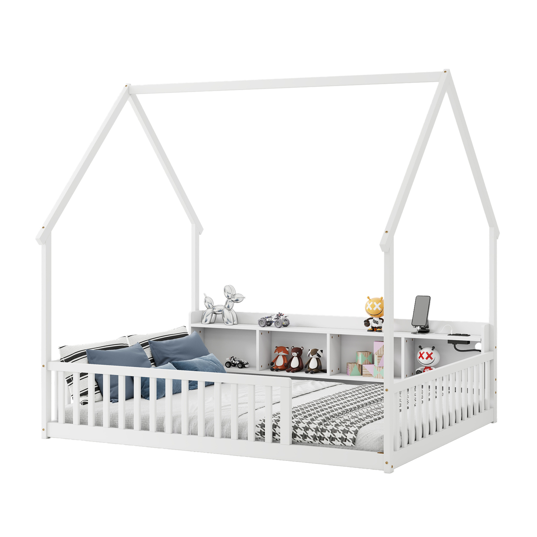 Noble House Norra Full Size Pine Wooden House Floor Bed with Storage Shelves, LED Lights & Charging Station, White