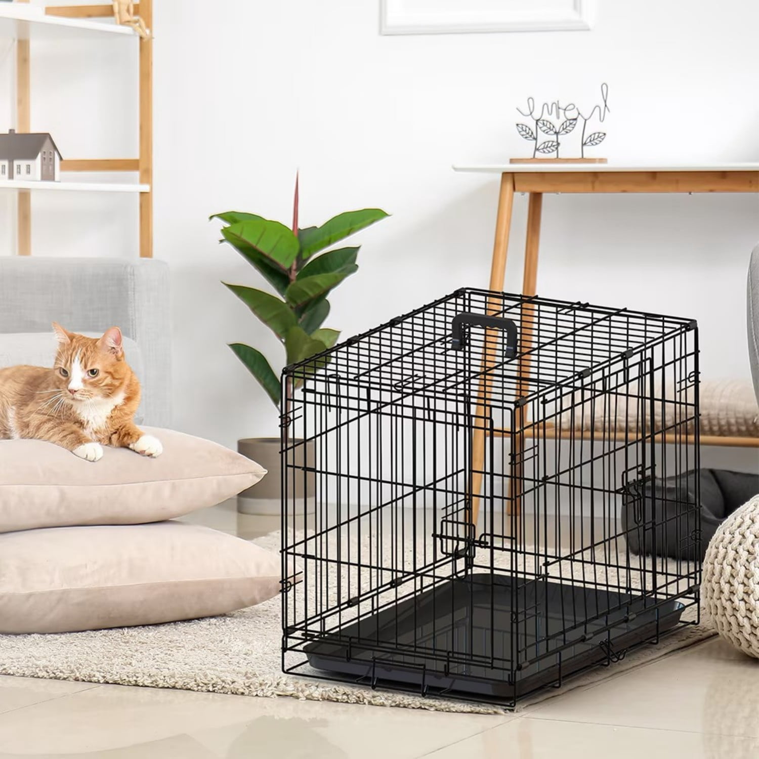 30" Dog Crate, Folding Metal Wire Dog Cage with Double Door & Double Lock, Portable Pet Crate Kennel for Small Medium Dogs Cats Rabbits, Black