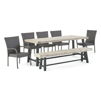 GDF Studio Tahiti Outdoor Acacia Wood and Wicker 7 Piece Dining Set with Bench, Sandblasted Light Gray, Black, and Gray