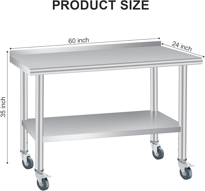 Stainless Steel Table for Prep & Work with Backsplash,Kitchen Work Table,Metal Commercial Kitchen Heavy Duty Table with 4 Caster Wheels for Restaurant,Home and Hotel