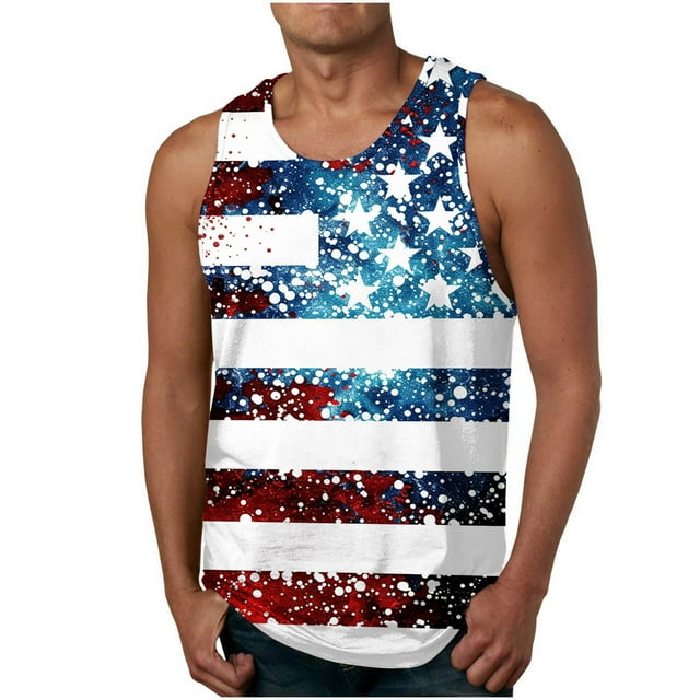 Mens Camisetas Algodón Día de la Independencia Impreso sin Mangas Cuello Redondo Chaleco, Chaleco sin Mangas para Hombres