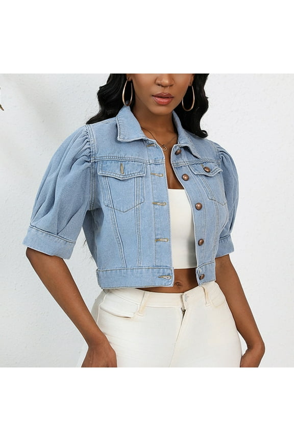 Women's Cropped Denim Jacket, Casual Lapel Button Down Jean Coat, Short Sleeveless Outwear Light Blue,Womens Plus XXXL