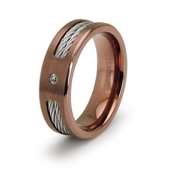 Rose Gold Titanium Cubic Zirconia Dual Cable Inlay Wedding Band Ring