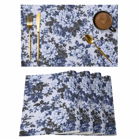 Blue Flower Placemats Set of 6, Vintage Floral Blossoms Leaf Rustic Farmhouse Non-Slip Place Mats Washable Table Mats for Kitchen Dining Table Decorations Indoor/Outdoor