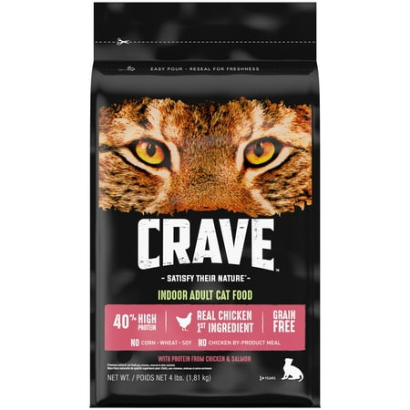 CRAVE Grain Free Indoor Adult Dry Cat Food with Protein from Chicken & Salmon, 4 lb. Bag