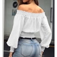 thumbnail image 3 of Top Con Hombros Descubiertos, Camiseta Con Hombros Descubiertos De Gasa Con Lunares A La Moda, Suave, Transpirable, Con Cintura Con Volantes, Manga De Burbuja Para El Trabajo, Para OTVIAP M blanco, 3 of 6