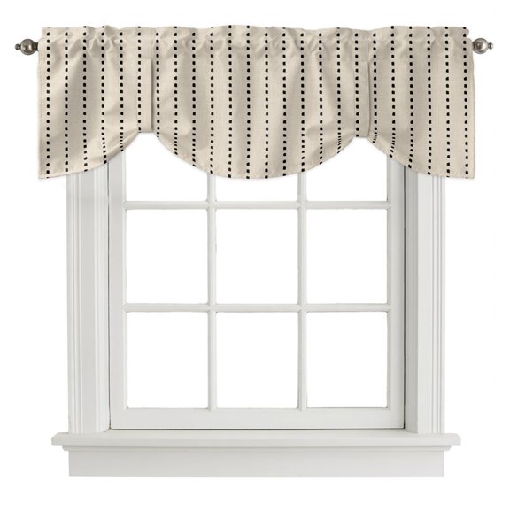 Tie Up Valance Curtain for Kitchen, Farmhouse Black Dotted Line Rod Pocket Short Curtains Adjustable Tie-Up Shade Valances 42x12in, Rustic Beige Burlap Linen Window Treatment for Bedroom Bathroom