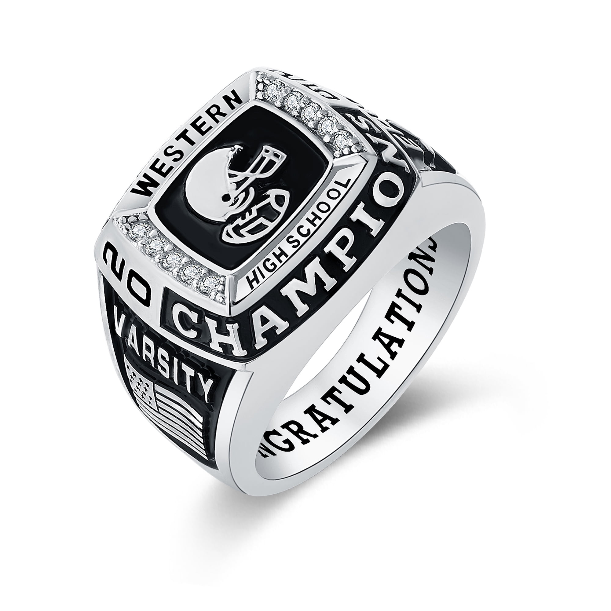Mementos USA Custom Men's Class Rings Sterling Silver for High School and College-Platinum-Champion