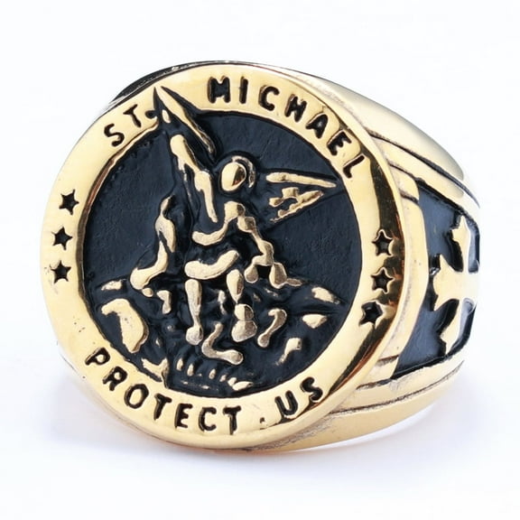 Vintage Catholic Angel Michael Ring For Men Women Punk 14K Yellow Gold Knight Saint Michael Protect Rings Amulet Jewelry Gifts