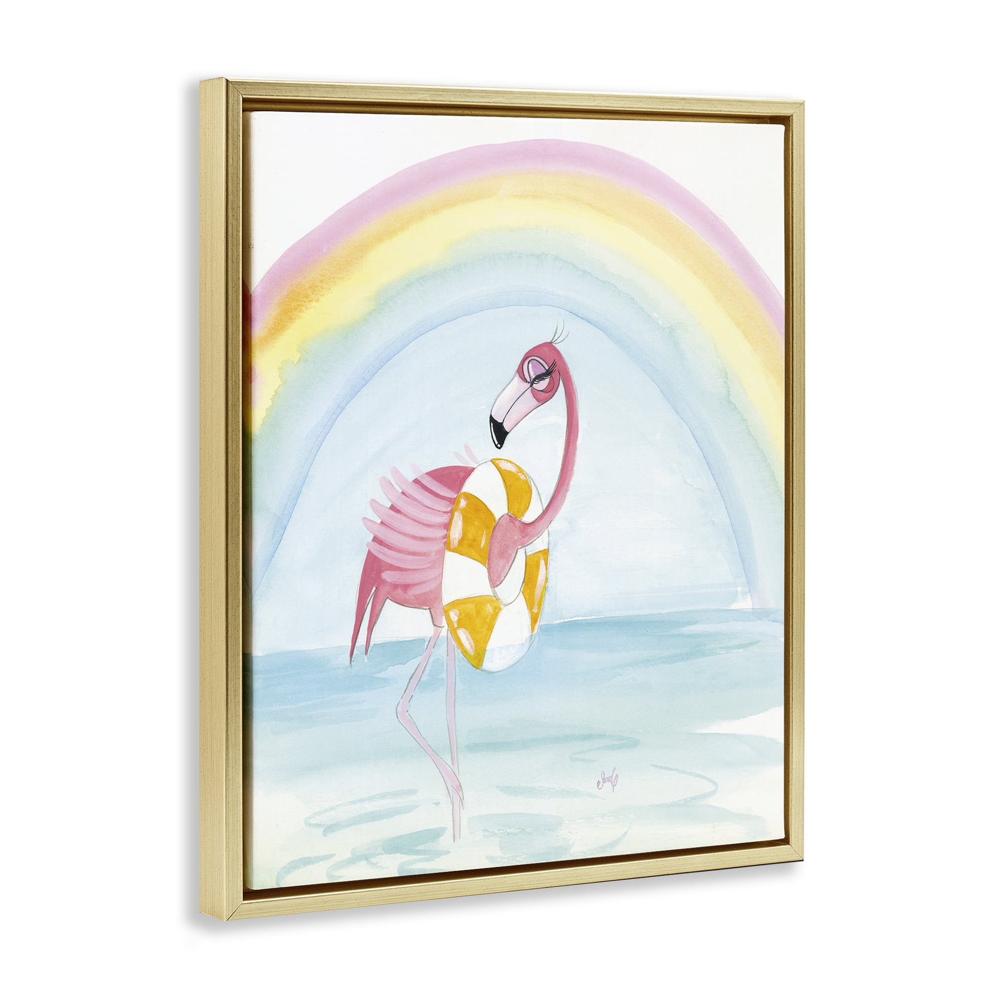 Stupell Industries Summer Beach Flamingo Coastal Painting Gold Floater Framed Art Print Wall Art, 17 x 21