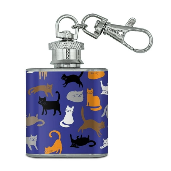 Crazy Cat Pattern Stainless Steel 1oz Mini Flask Key Chain