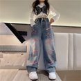 thumbnail image 2 of RUTAYY Toddler Kids Girls Jeans Distressed Elastic Waist Baggy Denim Wide Leg Trousers Leisure Pants, 2 of 9