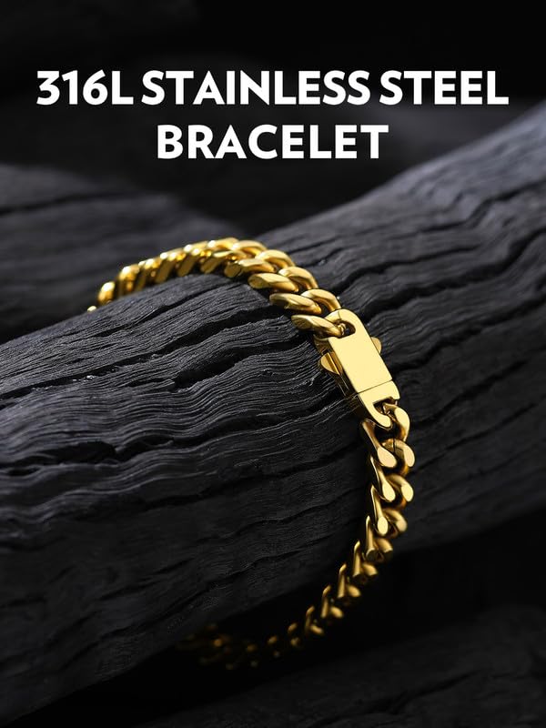 Bandmax 7MM Wide Cuban Chain Bracelet for Men Women Father's Day Gift for Son Dad Husband Stainless Steel 14K Gold Plated Hip Hop Biker Wristlet Anklet Chain Jewelry