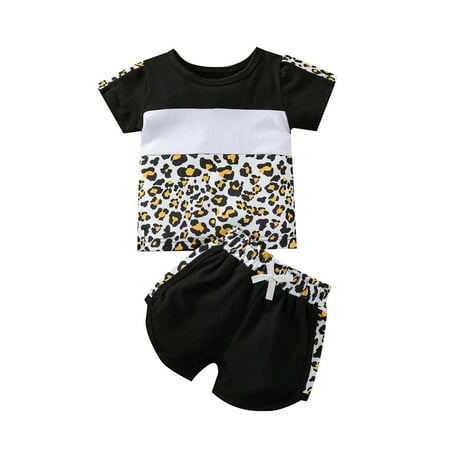 

DNDKILG Infant Baby Toddler Girls Clothes Set Summer Short Sleeve Outfits Leopard T Shirts and Shorts Set with Black 6M-2Y 100