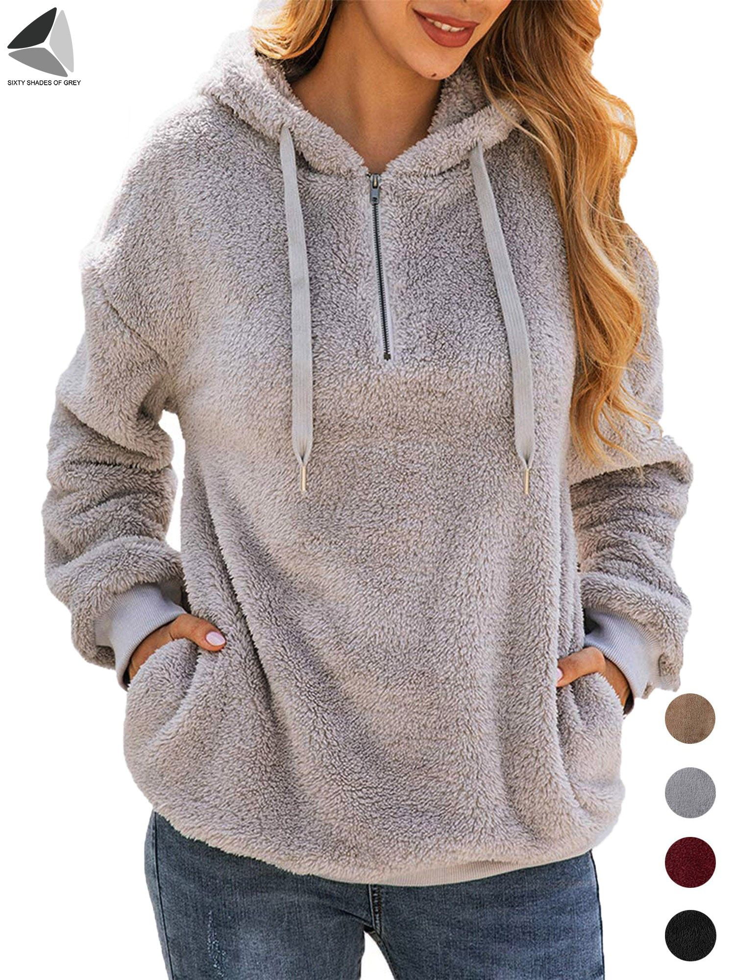 Bwiv Womens Baggy Fluffy Pullover Hoodie with 1/4 Zipper and Drawstring for Winter Ladies Long Sleeves Sweatshirt Soft Tops Teddy Fleece 