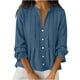 thumbnail image 1 of Tops de Manga Larga de las Mujeres de Color Sólido Casual con Detalle Del Botón Plisado, Blusa de Lino con Cuello en V para el Otoño Diario, 1 of 8