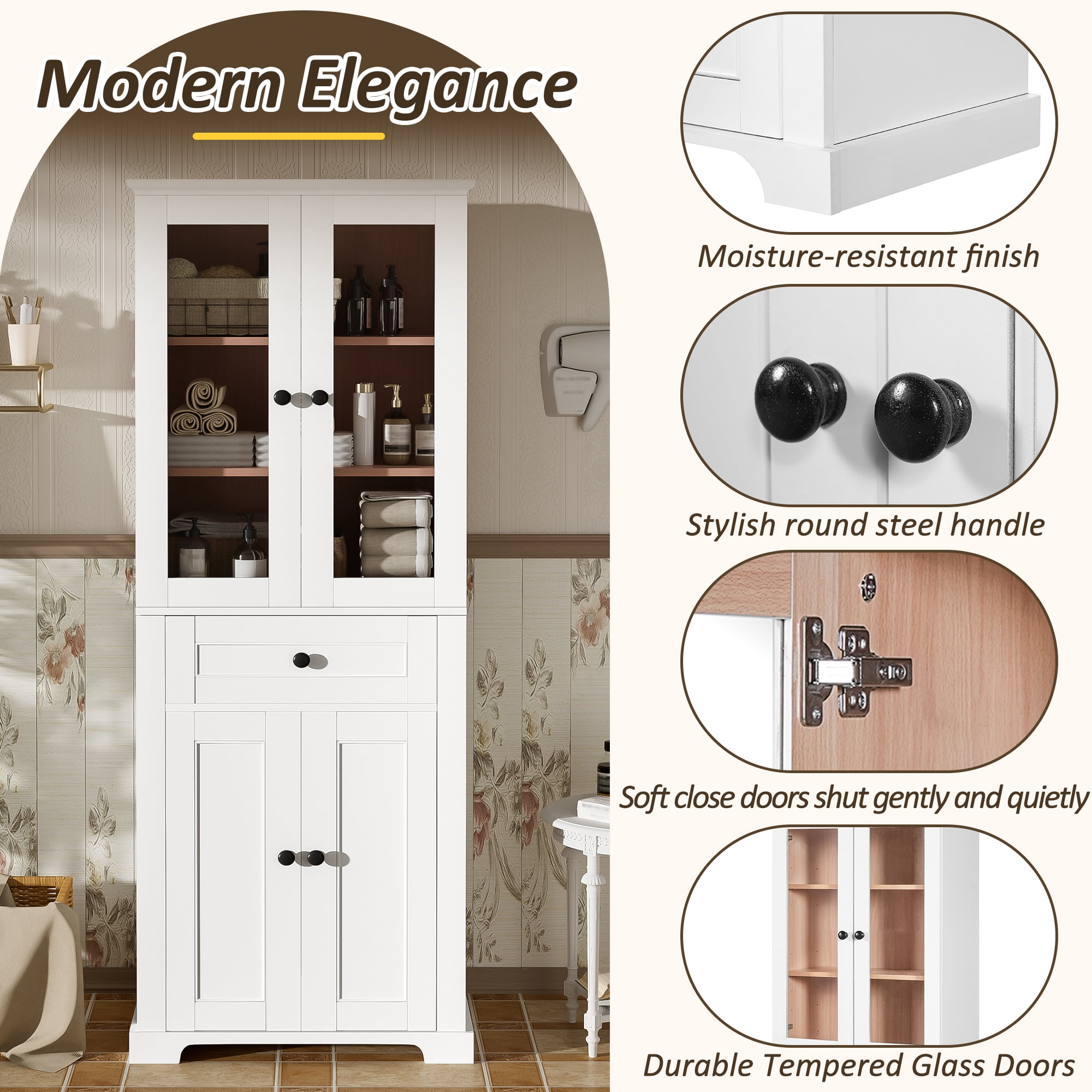 Tall Bathroom Storage Cabinet with 4 Tempered Glass Doors, Adjustable Shelves, Soft Close Drawer and Anti-Tip Kit, Freestanding Linen Tower, 67.2 Inch in White