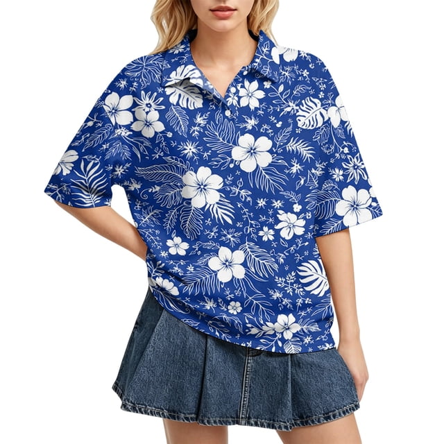 Sewkxo Polo à Manches Courtes pour Femmes, Col Oversize, T-Shirt à Enfiler Y2k, Décontracté, Ample, Mode Urbaine, Chandail de Rugby, Bleu 2TG