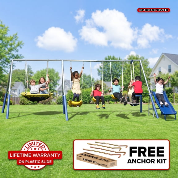 Sportspower Swing and Play Galvanized Metal Swing Set with 2 Swings, Standing Swing, Roman Glider, 38in Saucer Swing, & 5ft Slide with Lifetime Warranty, Bonus Anchor Kit Included