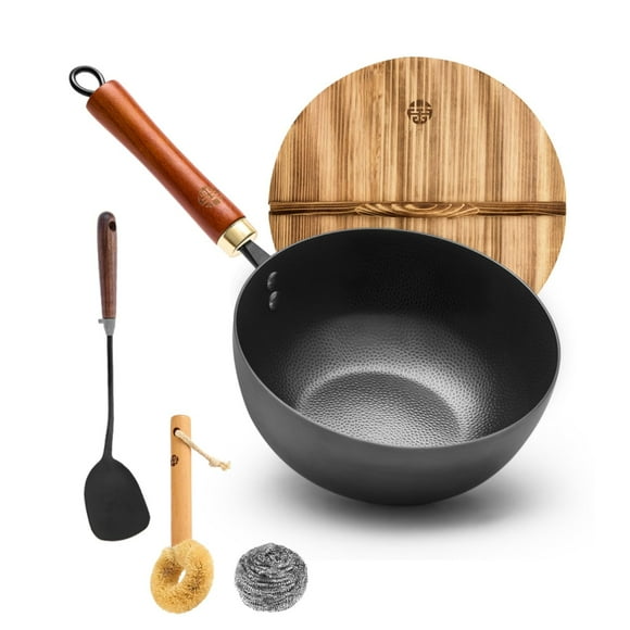 WANGYUANJI Carbon Steel Wok with Lid, 8.7" Small Mini Wok Pan, Thickened Heavy Duty Flat Bottom for Deep Frying, Camping & Solo Meals, Induction Read
