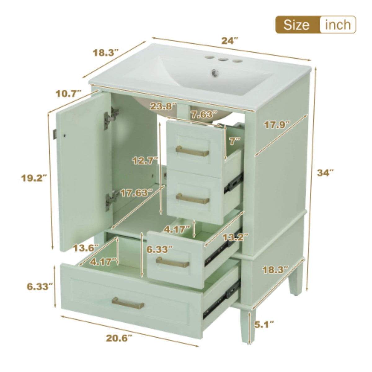 24.8" Bathroom Vanity with Ceramic Sink, Freestanding Bathroom Vanity Cabinet, Soft Close Door, 3 Drawers, Green