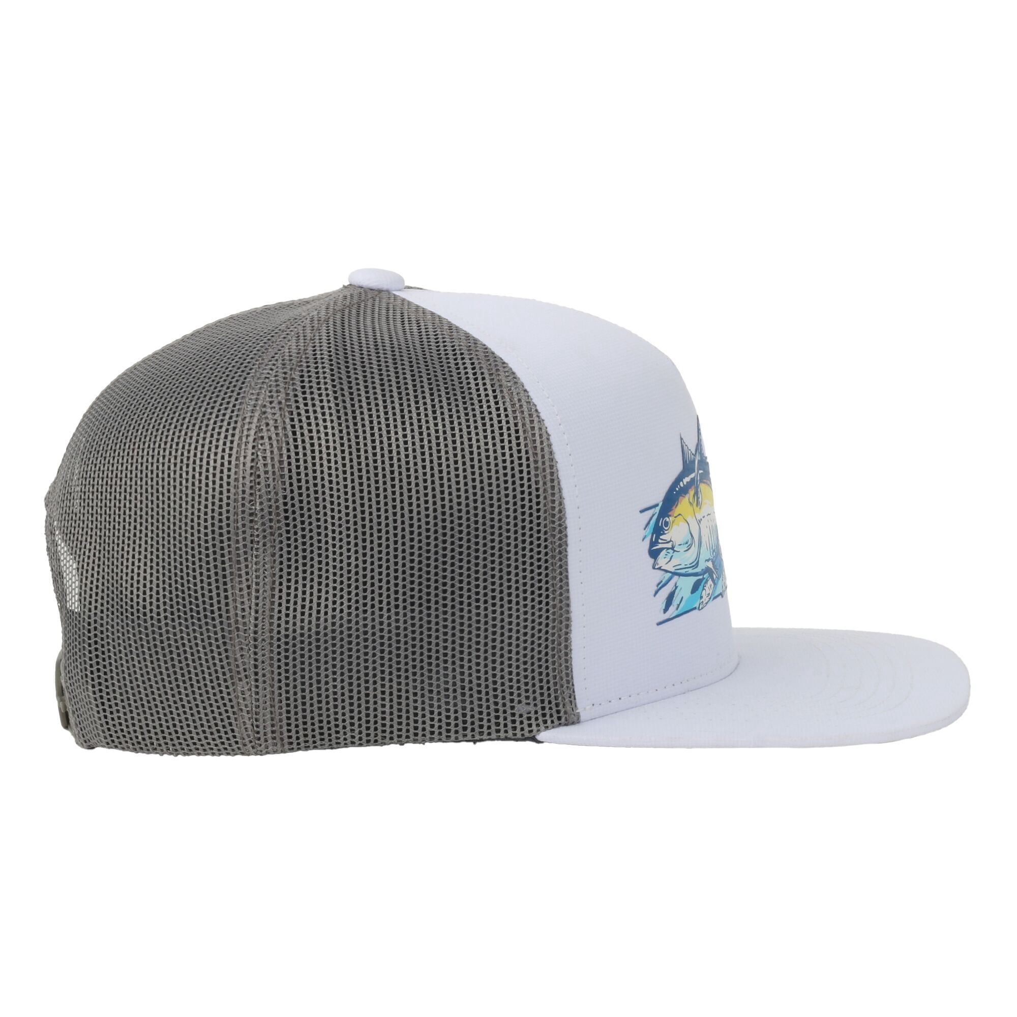 White/Grey Mahi Mahi 5-Panel Fishing Cap – Structured, Flat Bill Snapback, One Size