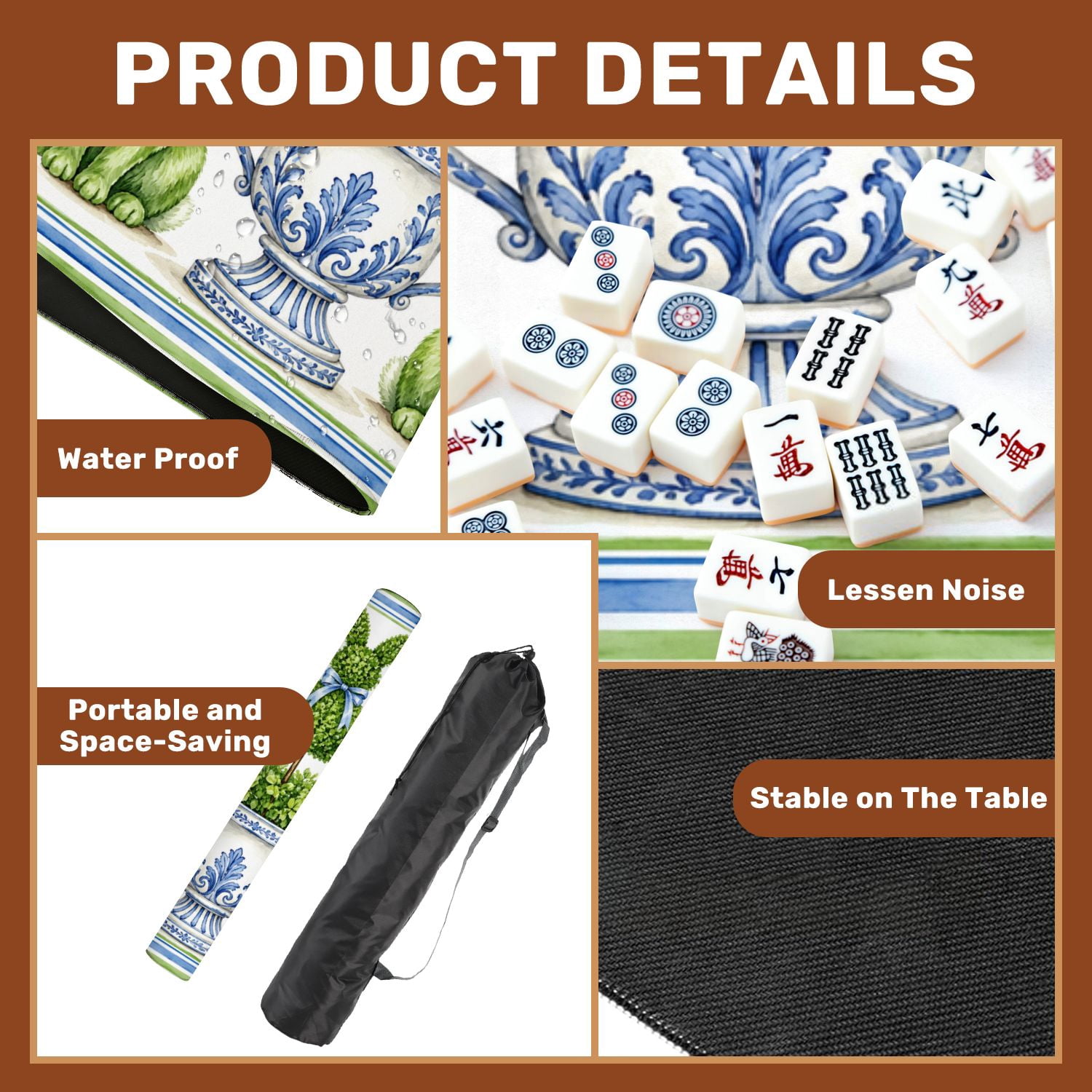 Mahjong Mat 31.5" x 31.5" Watercolor Green Bunny Topiary Garden Blue Bows Classic Urn Leaf Non-Slip Noise Reduction Chic Portable Gaming Table Cover for Family Game Night & Gift