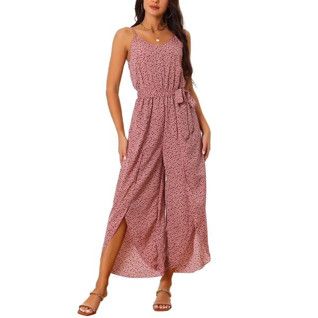 Mono de tirantes de verano casual para mujer INSPIRE CHIC, sin mangas, con escote en V, cintura con lazo, pierna ancha, color rosa oscuro, talla M
