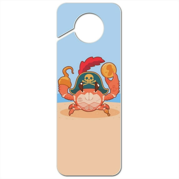 Pirate Crab on the Beach with Hook and Coin Plastic Door Knob Hanger Sign