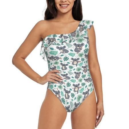Lukts Bears and Tropical Leaves Women One Piece Swimsuits Tummy Control One Shoulder Bathing Suits Ruffle Swimwear-Large