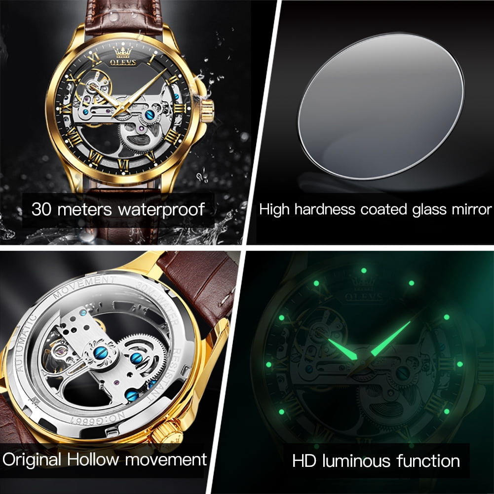 OLEVS Automatic Watches for Men Skeleton Brown Leather Band Large Face Self Winding Mechanical Mens Dress Watches Waterproof Easy to Read Luminous Business Casual Mens Wrist Watches Reloj Para Hombre