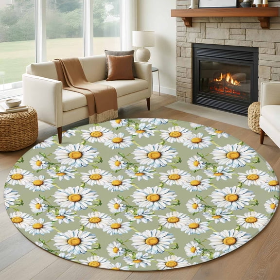 Round Area Rug 5 Ft, White Daisy Washable Non-Slip Circle Carpet for Living Room/Bedroom, Sage Green Botanical Flowers Floral Country Low-Profile Runner Mats Collection Rugs for Indoor