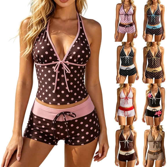 Tankini Tops for Women 2 Pieces Halter Polka Dot Cute Tankini with Shorts Y2K Coquette Vintage Vacation Swimsuit