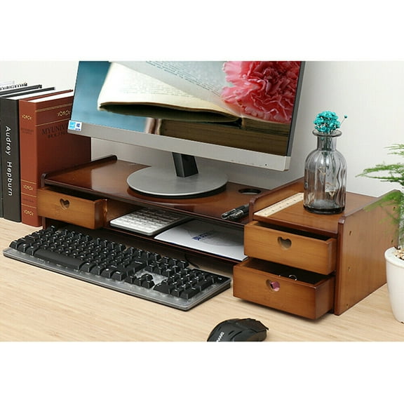 Eco-Friendly Bamboo Monitor Stand Riser with Drawers, Desk Organizer with Slots for Office Supplies, Adjustable Viewing Height