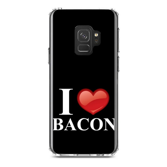 DistinctInk Clear Shockproof Hybrid Case for Samsung Galaxy S9 (5.8" Screen) - TPU Bumper, Acrylic Back, Tempered Glass Screen Protector - Black White Red I Heart Bacon - Bacon