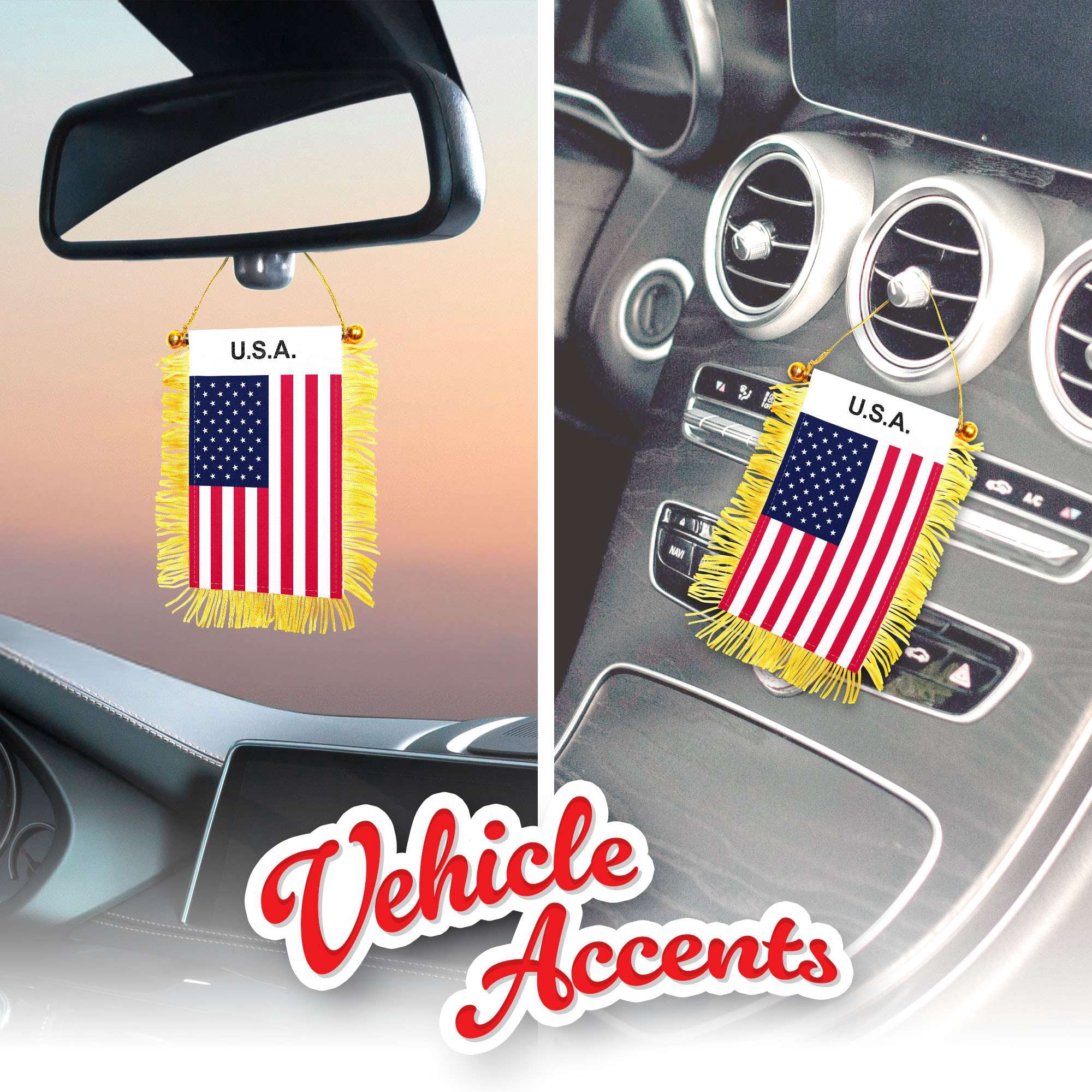 G128 2 Pack: USA American Fringy Flag | 3x5IN | Fringy Hanging Double Sided Flag with Suction Cup, Window and Car Rearview Mirror Decor