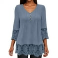 thumbnail image 4 of TKLPEHG Summer Shirts for Women V Neck Button Lace Patchwork Three Quarter Sleeved T-Shirt Lightweight Solid Color Casual Loose Going Out Tops Summer 3/4 Sleeve T Shirts Blouses(Gray,M), 4 of 8