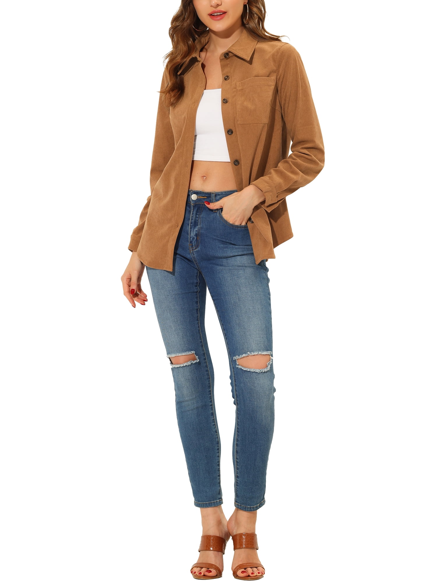 Unique Bargains Women's Corduroy Shirts Long Sleeve Button Down Blouse Top XS Brown