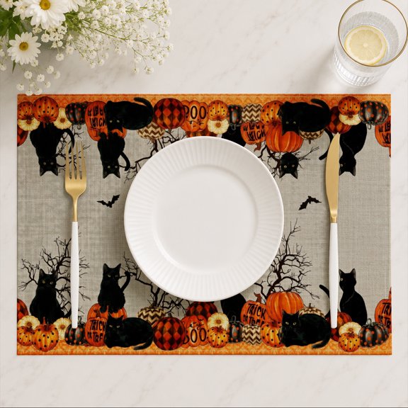 6pcs AshasdS Halloween Linen Placemats, Decorative Table Mats with Pumpkin Border Design, Dining Room Kitchen Table Decor 12"x18"