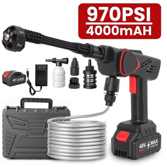 BAOKALER Cordless Pressure Washer, 970PSI Cordless Power Washer with 4AH Battery, 6 in 1 Nozzle Electric Pressure Washer with Brushless Motor, Black