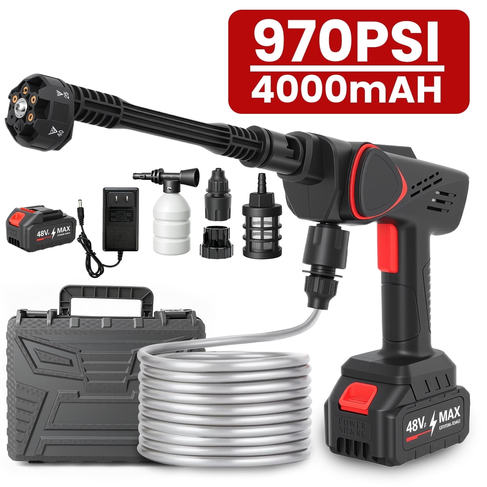 BAOKALER Cordless Pressure Washer, 970PSI Cordless Power Washer with 4AH Battery, 6 in 1 Nozzle Electric Pressure Washer with Brushless Motor, Black