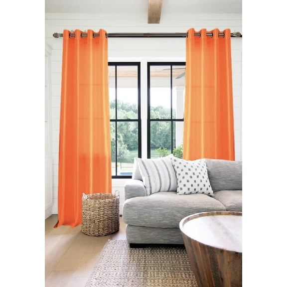 2 PANEL MIRA SOLID ORANGE SEMI SHEER WINDOW FAUX SILK ANTIQUE BRONZE GROMMETS CURTAIN DRAPES 55 WIDE X 108" LENGTH
