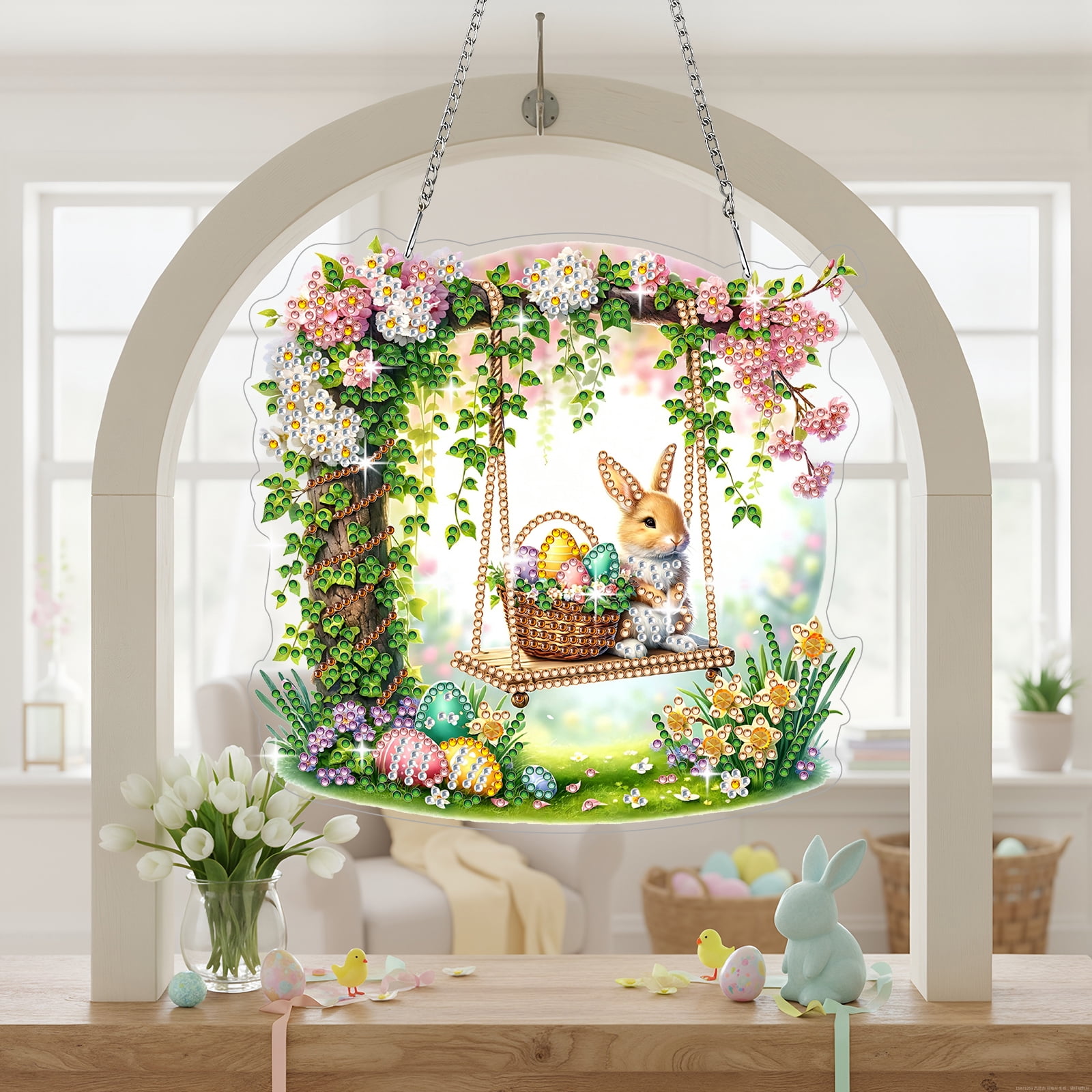 FLOPESN DIY Easter Diamond Art Painting Pendant Kit - 7.08X7.87in Acrylic Single-sided Rhinestone Dotting Pendant Wall Decor-Swing