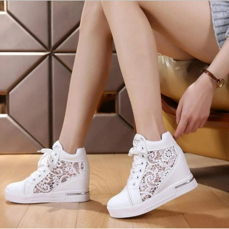 Leozcaa Platform Hidden Heels Sneakers for Women Lace Crochet Lace