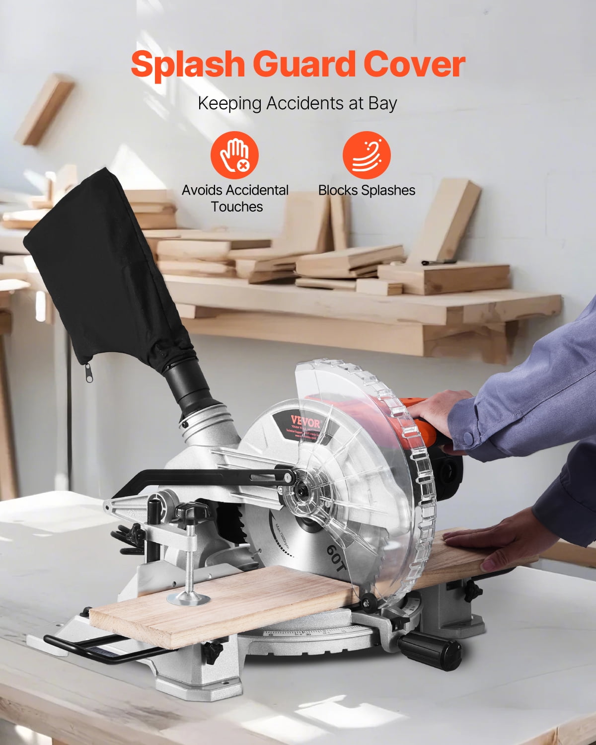 VEVOR Compound Miter Saw, 10-Inch Blade, 15 Amp Motor, 60-Tooth, Corded Single Bevel 0-45°, LED Precision Alignment, Angle Adjustable, Lightweight Cast Aluminum Base, for Wood, Composite Decking