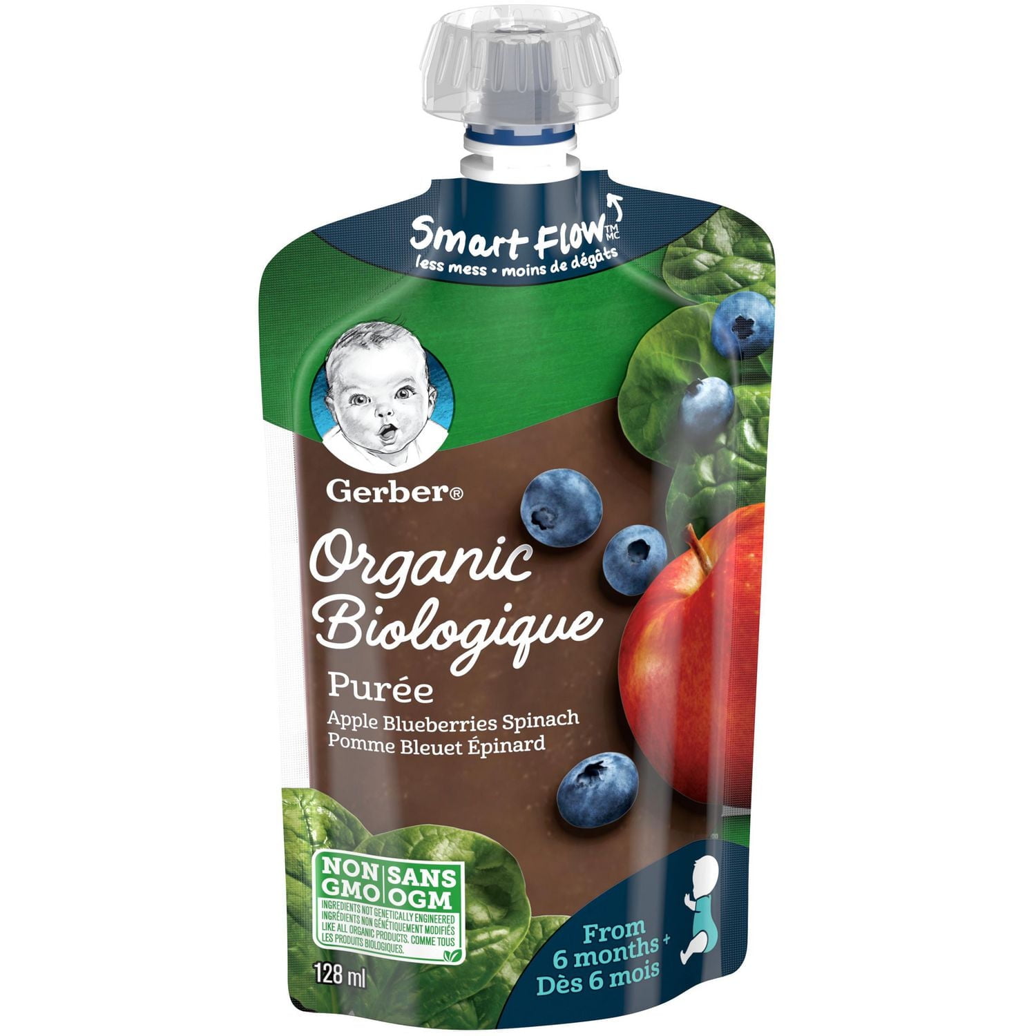GERBER Organic Purée, Apple Blueberries Spinach, Baby Food, 128 mL
